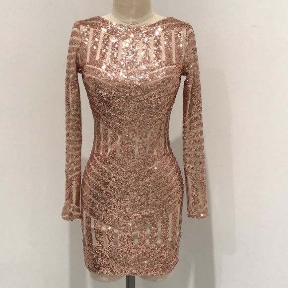 long sleeve sequin dress rose gold